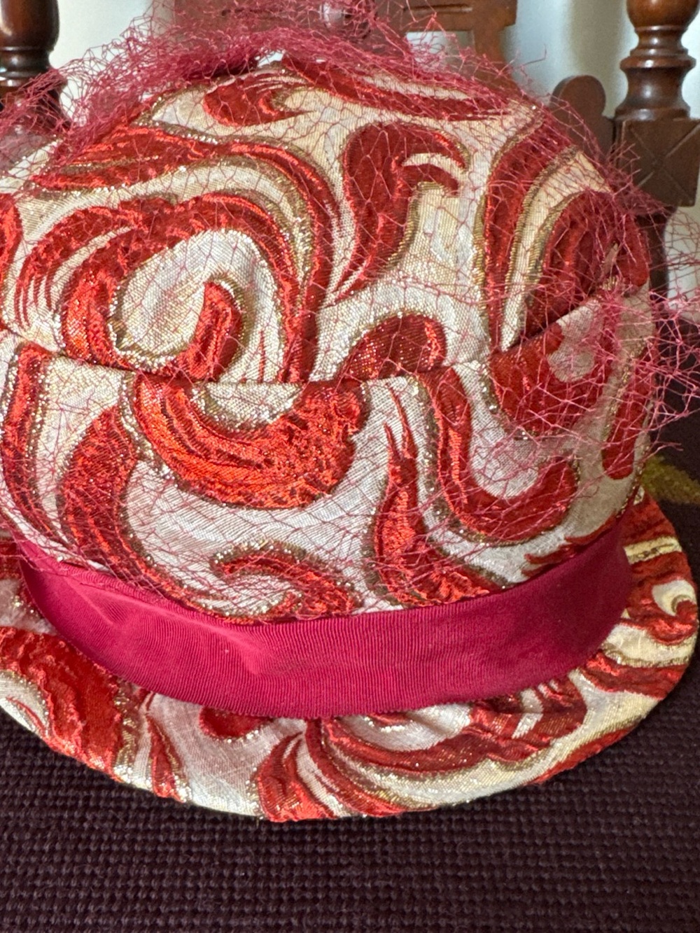 Vintage union made Miss Rose brocade Hat with Ribbon